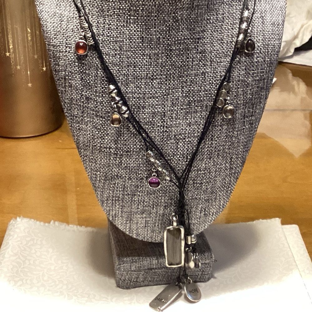 Black Triple Strand Corded Necklace with Multi-Color Charm Accents
